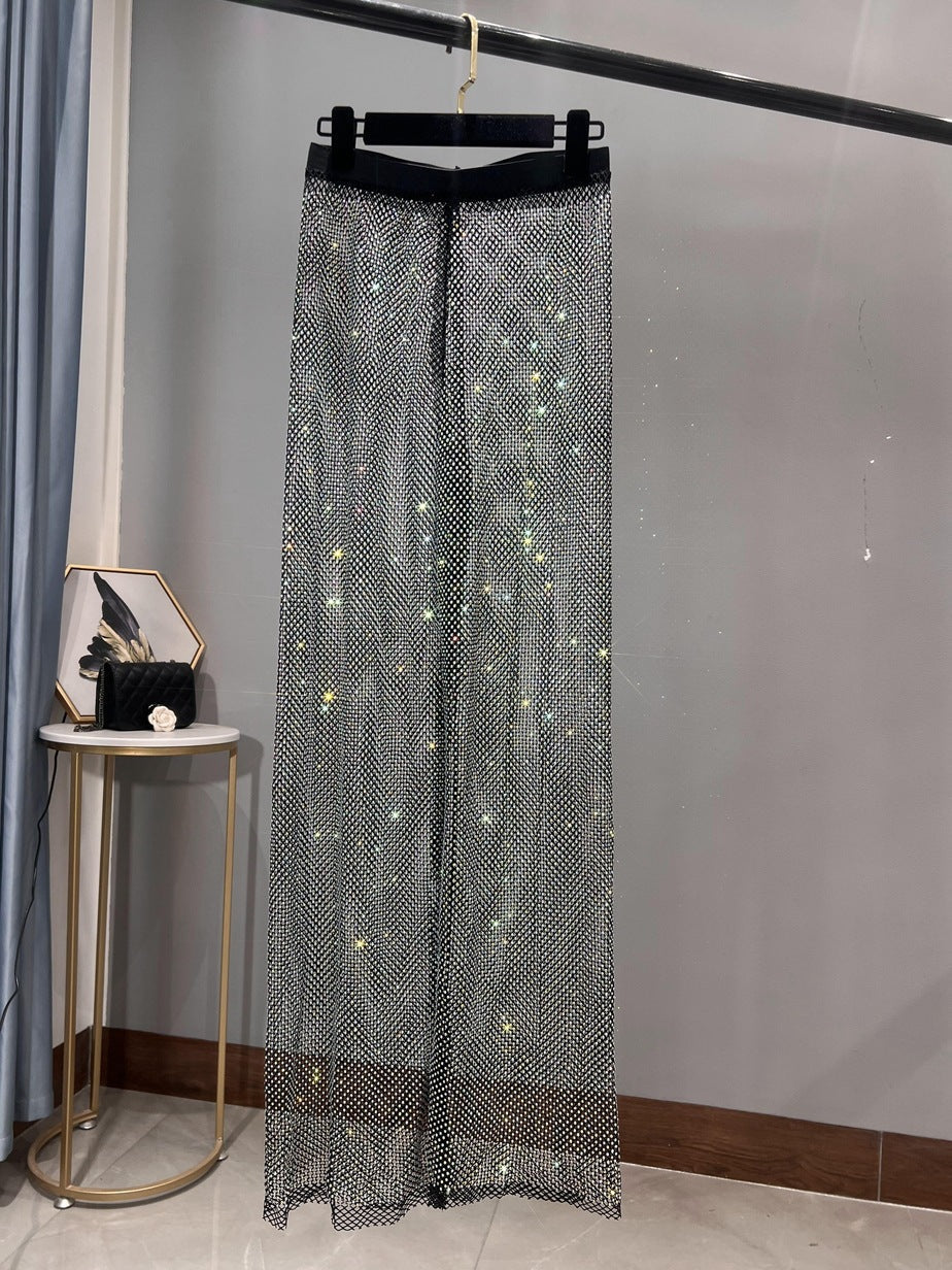 GR | Rhinestone Straight Mesh Wide Leg Slim Fit Flattering Mop Pants