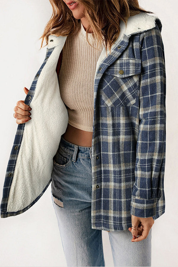 GR | Snap Button Sherpa Fleece Lined Hooded Flannel Jacket