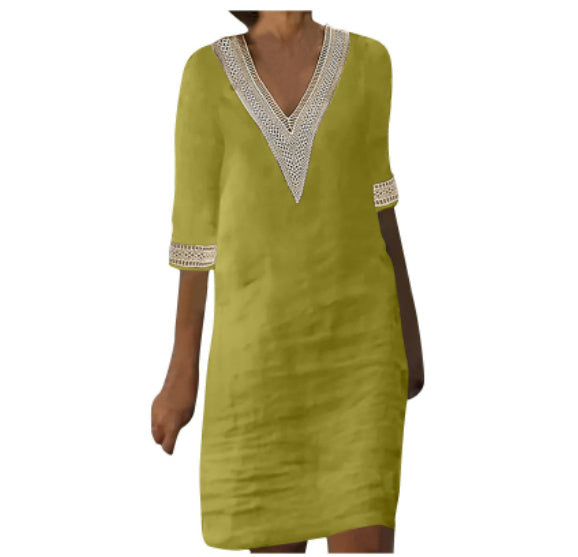 GR | Simple cotton linen dress with V-neck and half sleeves