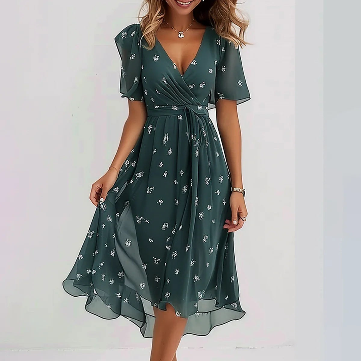 GR | Stilvolles Blumenkleid mit Kurzen Ärmeln