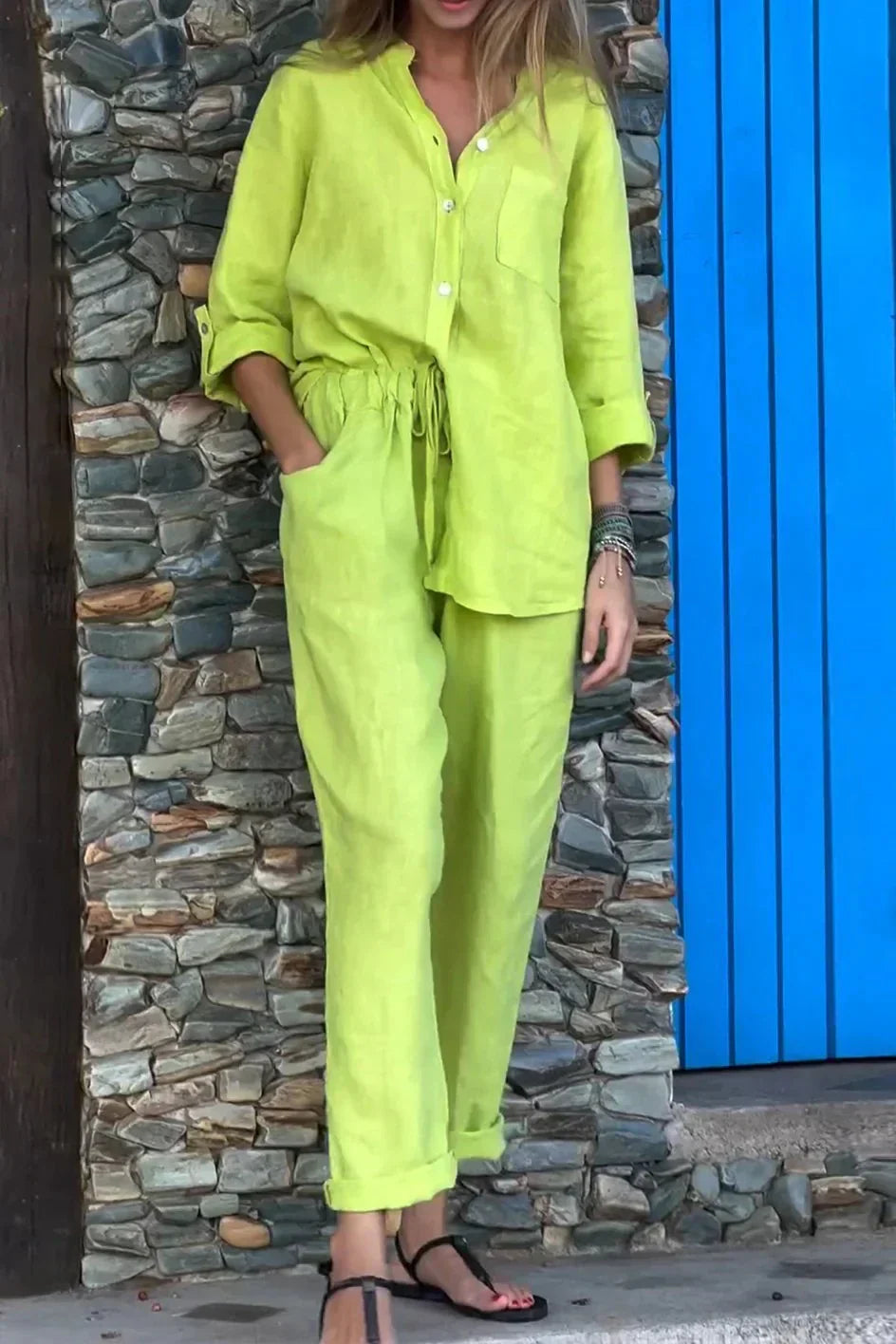 GR | Casual V-neck shirt & trousers cotton-linen set 