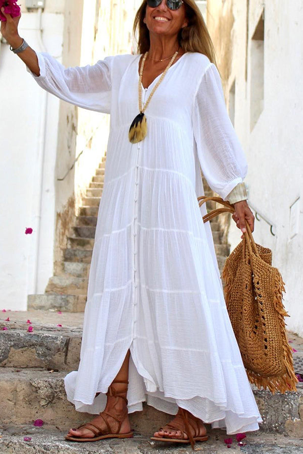 GR | Seraphina Cotton-Linen Blend Button-Up Tiered Maxi Dress