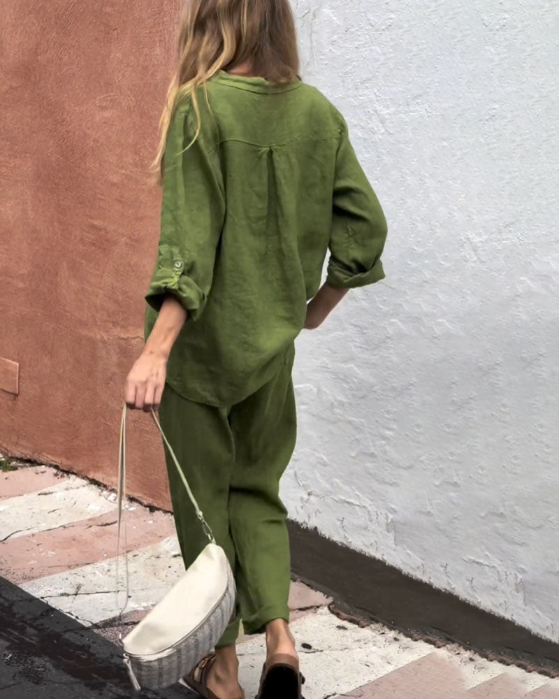 V-neck shirt and cotton trousers