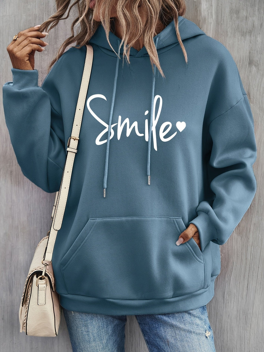 GR | gemütlicher Smile Print Hoodie mit Kordelzug für Frauen