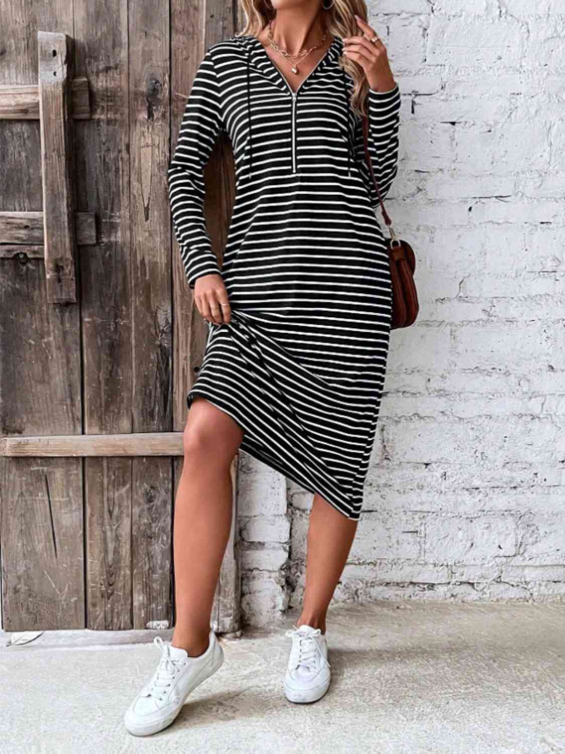 GR | Striped Zip-Front Hooded Dress