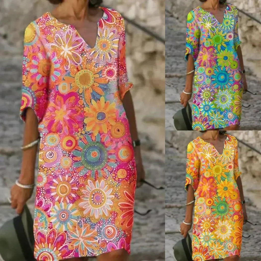 GR | Midi-Kleid mit V-Ausschnitt und Blumenmuster