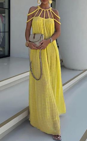 GR | Modern and sophisticated maxi dress with draped braids in a linen blend