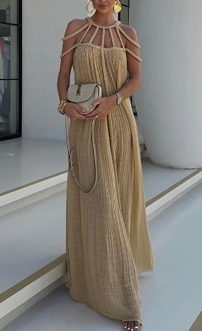 GR | Modern and sophisticated maxi dress with draped braids in a linen blend
