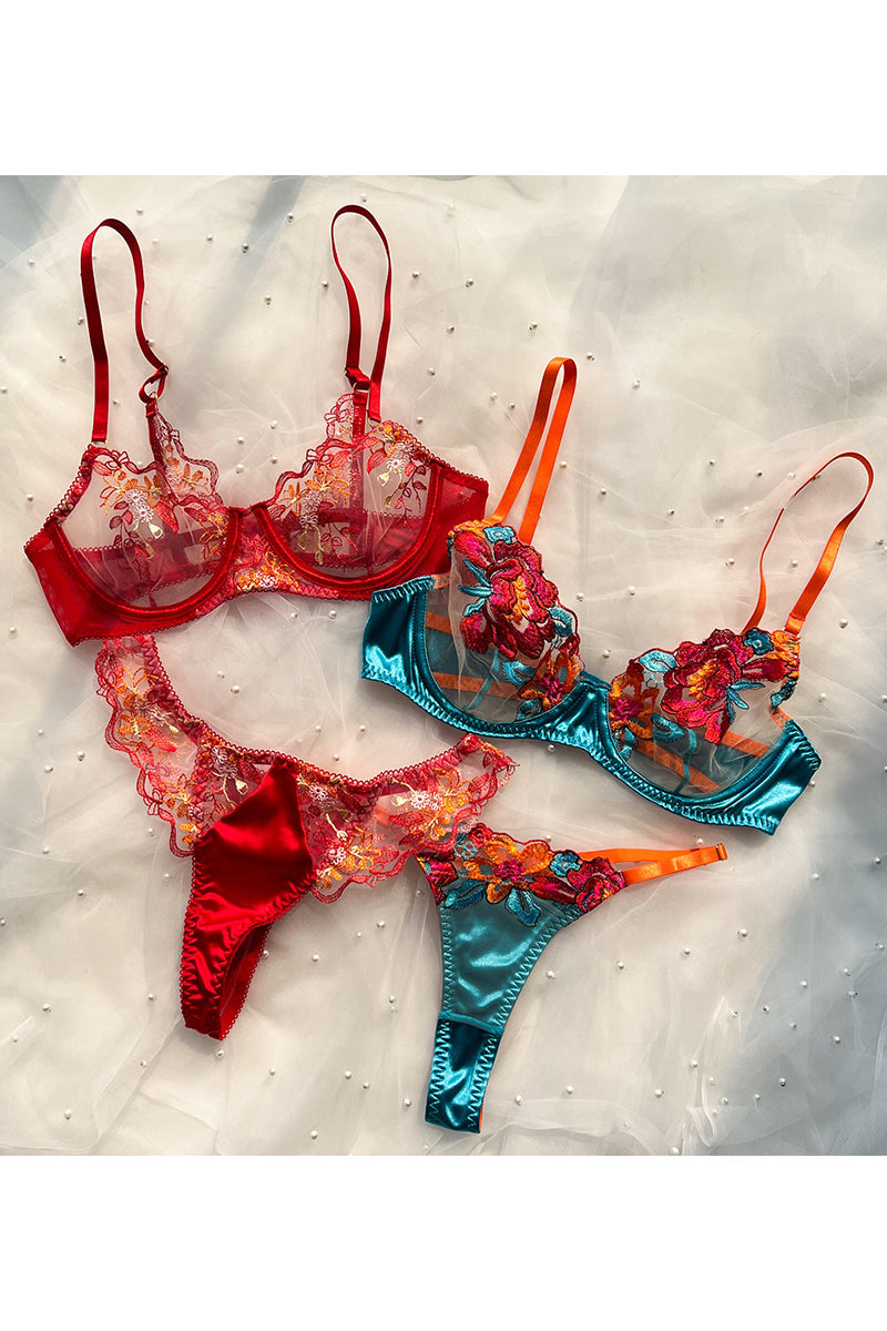 GR | Satin Sheer Floral 3 Piece Lingerie Set