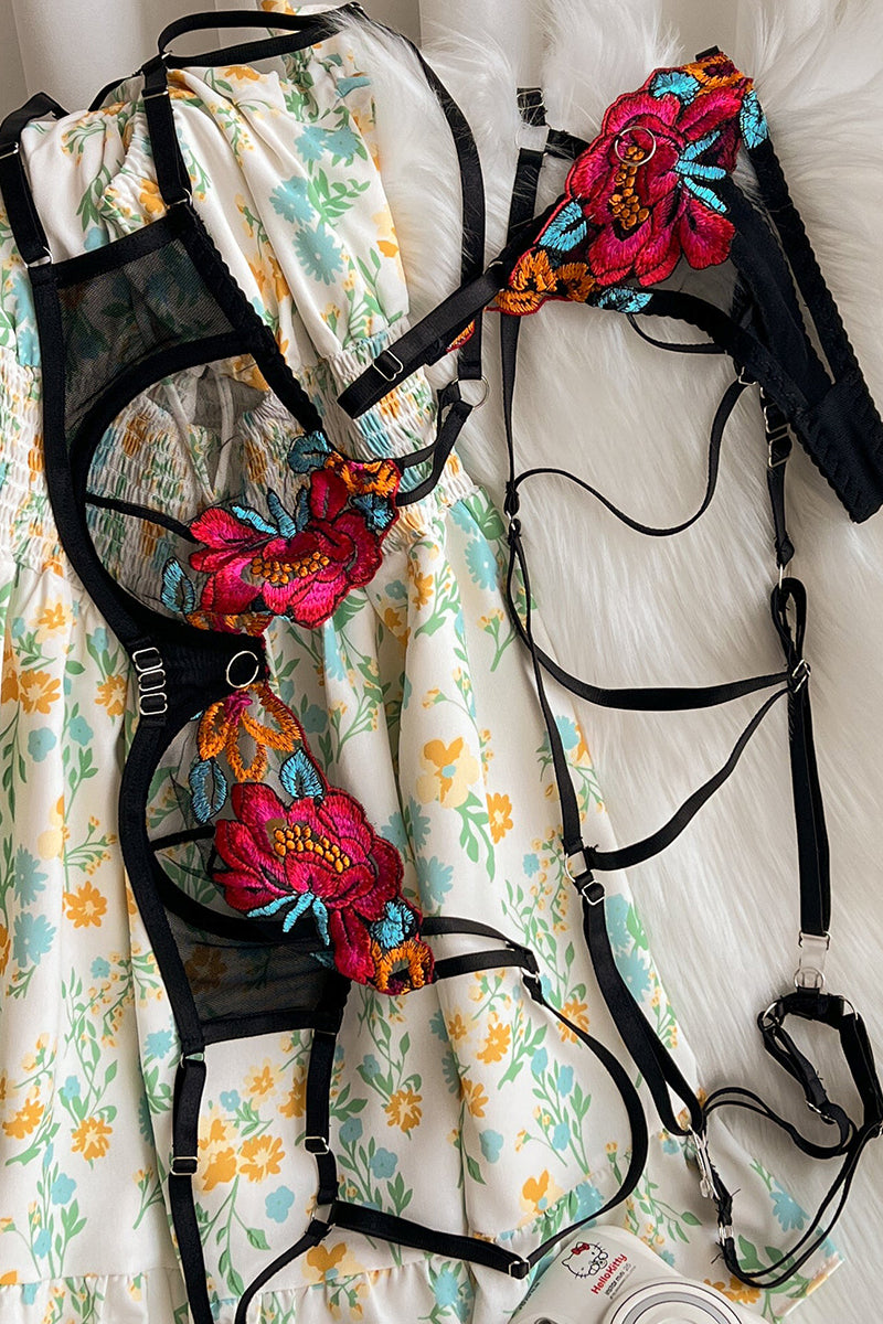 GR | Satin Sheer Floral 3 Piece Lingerie Set