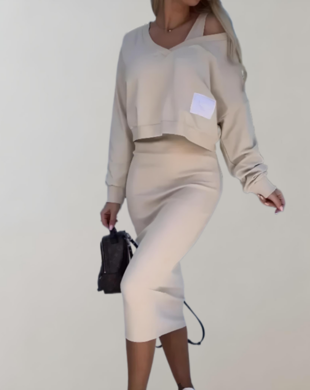 GR | 3-piece knit set - V-neck top and midi skirt for women