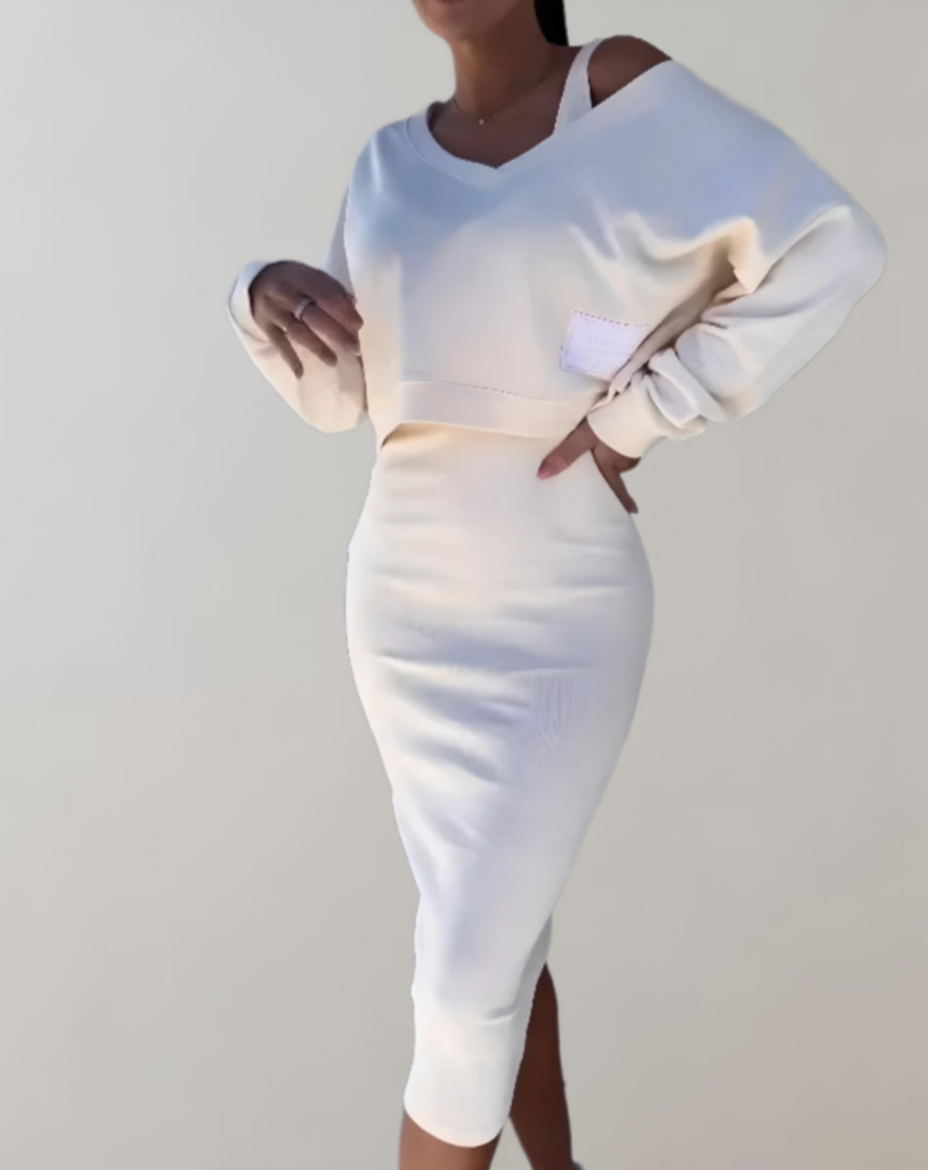 GR | 3-piece knit set - V-neck top and midi skirt for women