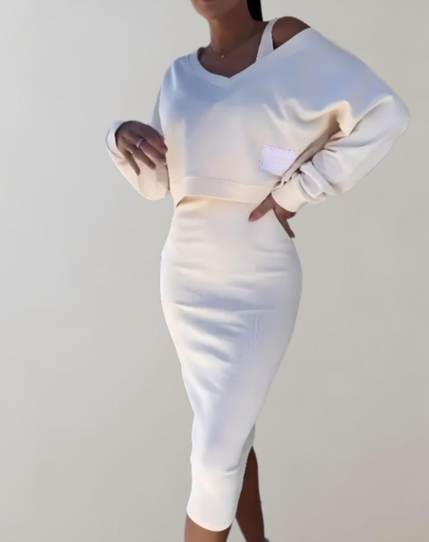 GR | 3-piece knit set - V-neck top and midi skirt for women