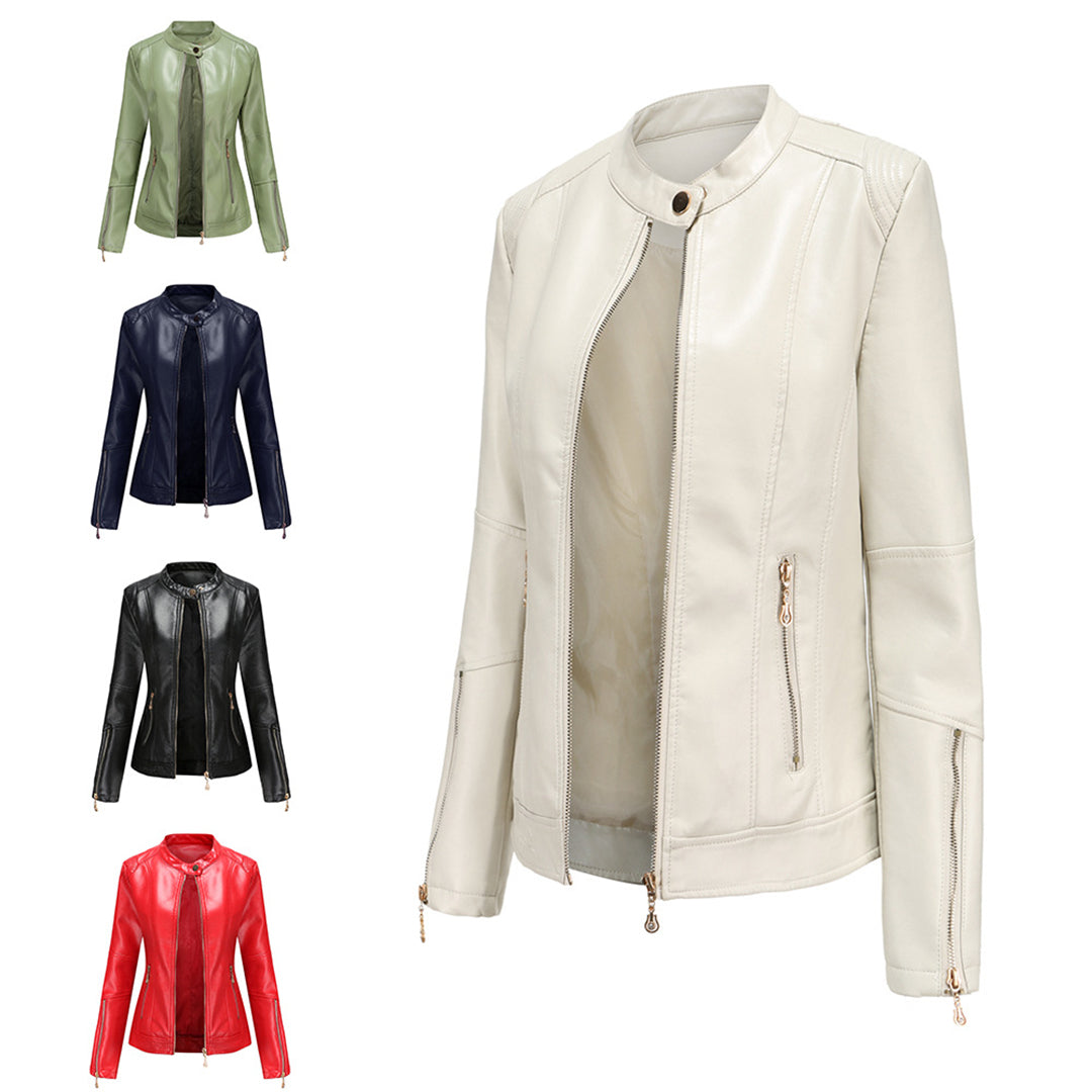 GR | Elegant leather jacket with round neck and button closure for women