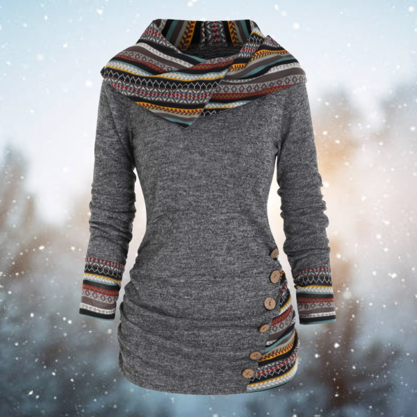 GR | with hood - Women's fleece pullover with tribal pattern