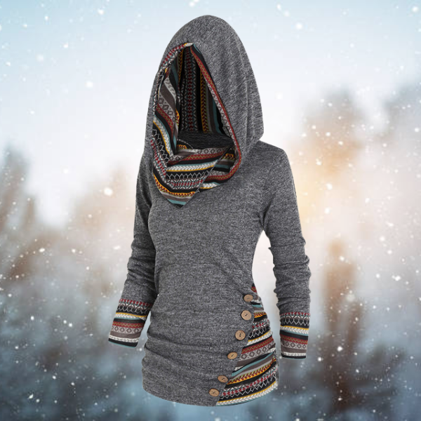 GR | with hood - Women's fleece pullover with tribal pattern