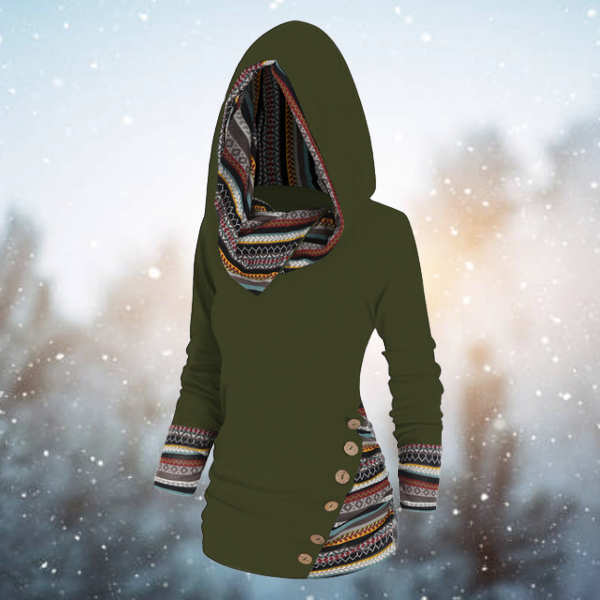 GR | with hood - Women's fleece pullover with tribal pattern