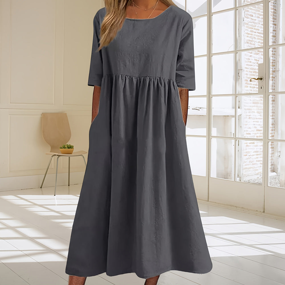 GR | Casual, loose-fitting summer dress made of cotton and linen with a round neckline