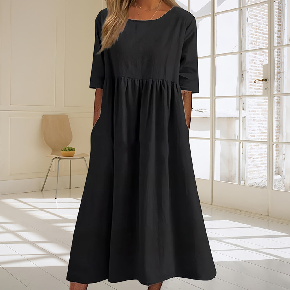 GR | Casual, loose-fitting summer dress made of cotton and linen with a round neckline