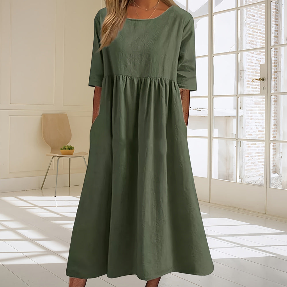 GR | Casual, loose-fitting summer dress made of cotton and linen with a round neckline