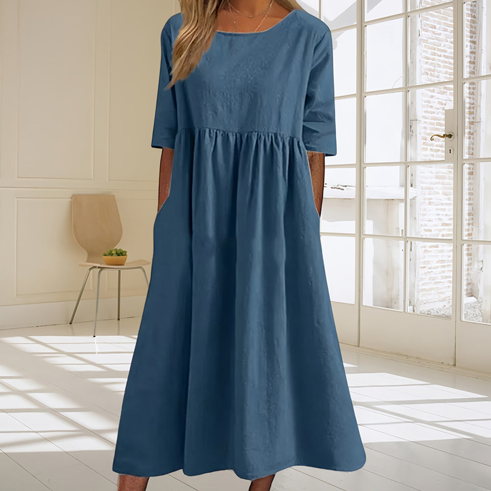 GR | Casual, loose-fitting summer dress made of cotton and linen with a round neckline