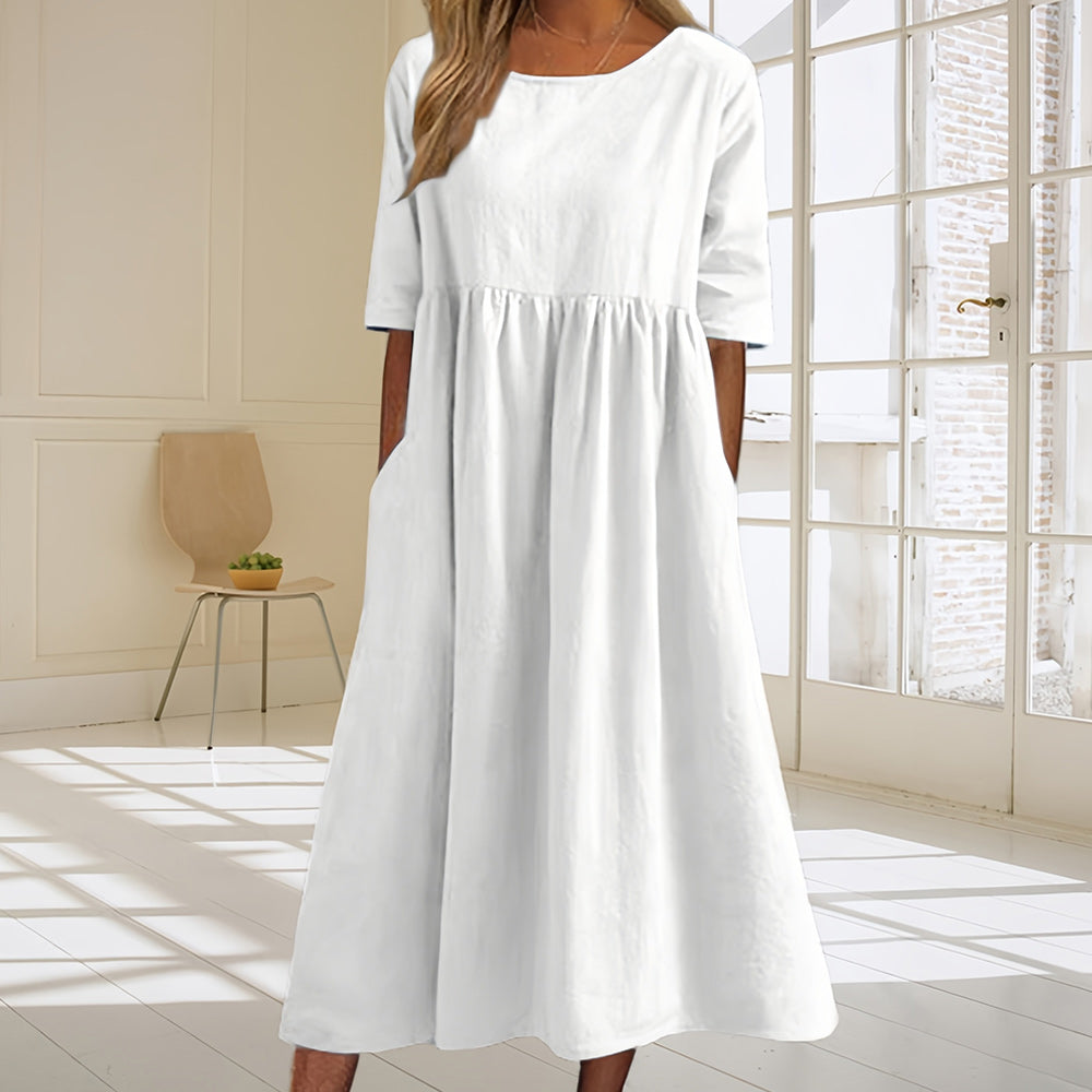 GR | Casual, loose-fitting summer dress made of cotton and linen with a round neckline