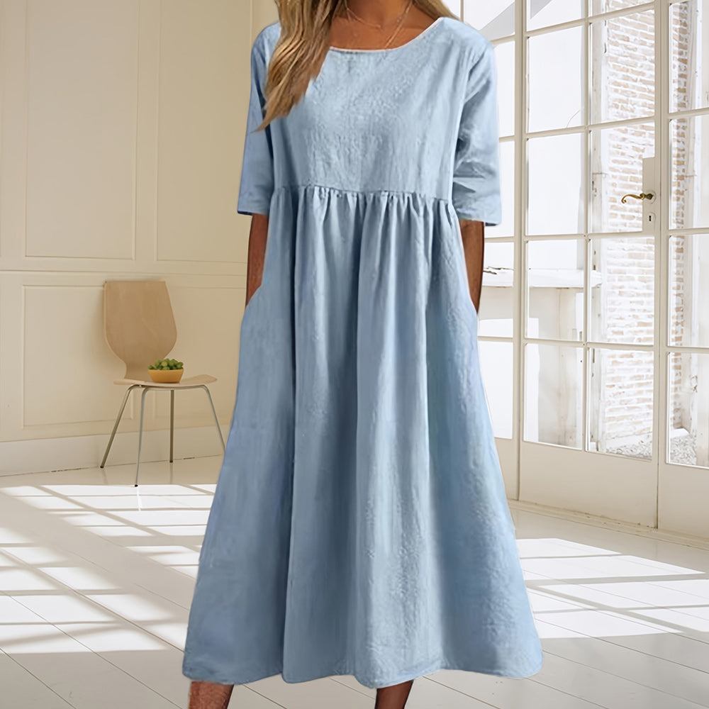 GR | Casual, loose-fitting summer dress made of cotton and linen with a round neckline