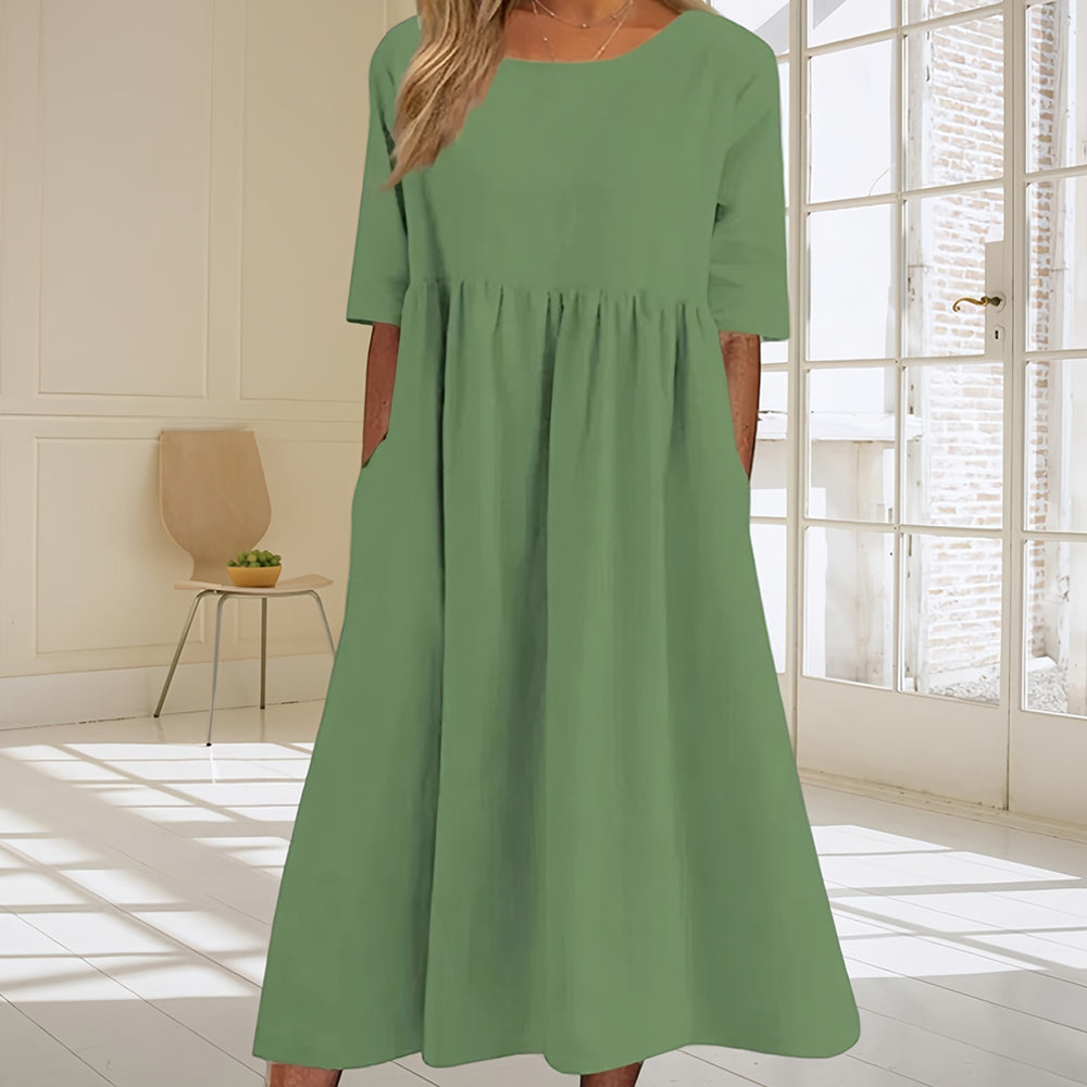GR | Casual, loose-fitting summer dress made of cotton and linen with a round neckline