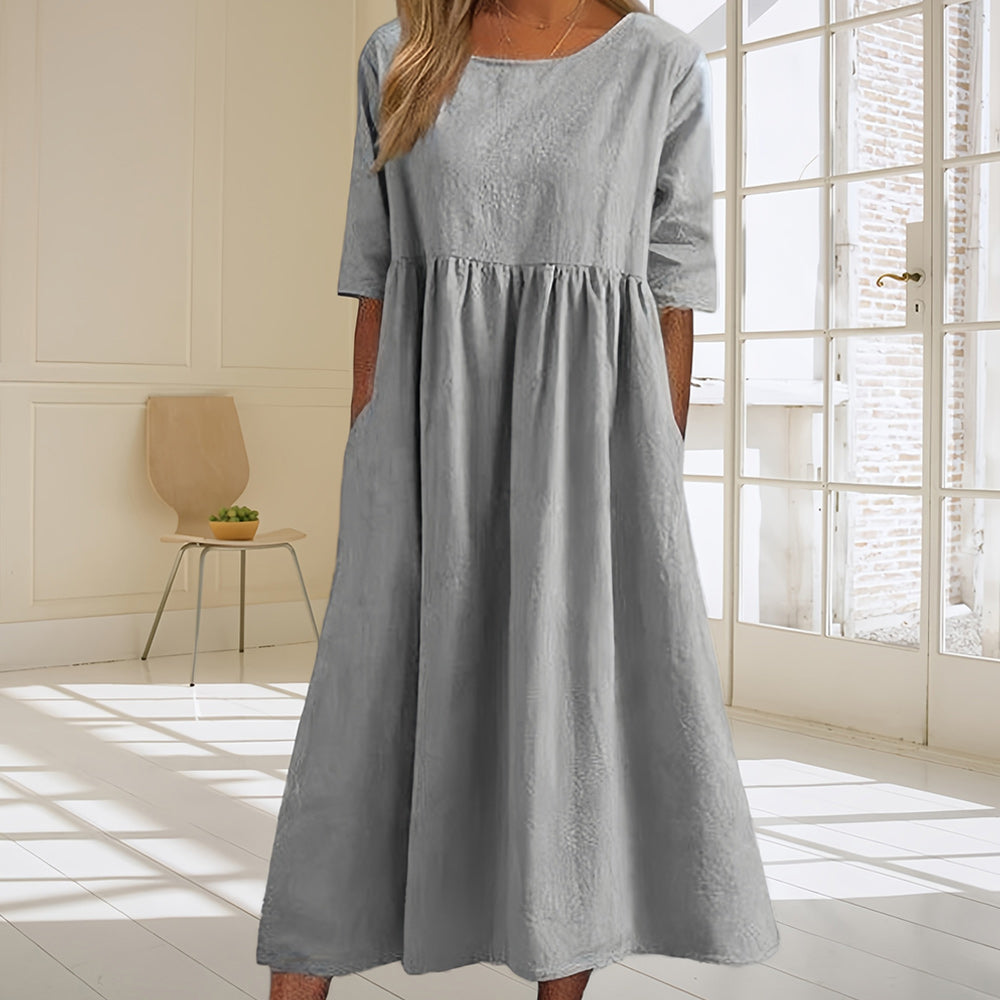 GR | Casual, loose-fitting summer dress made of cotton and linen with a round neckline