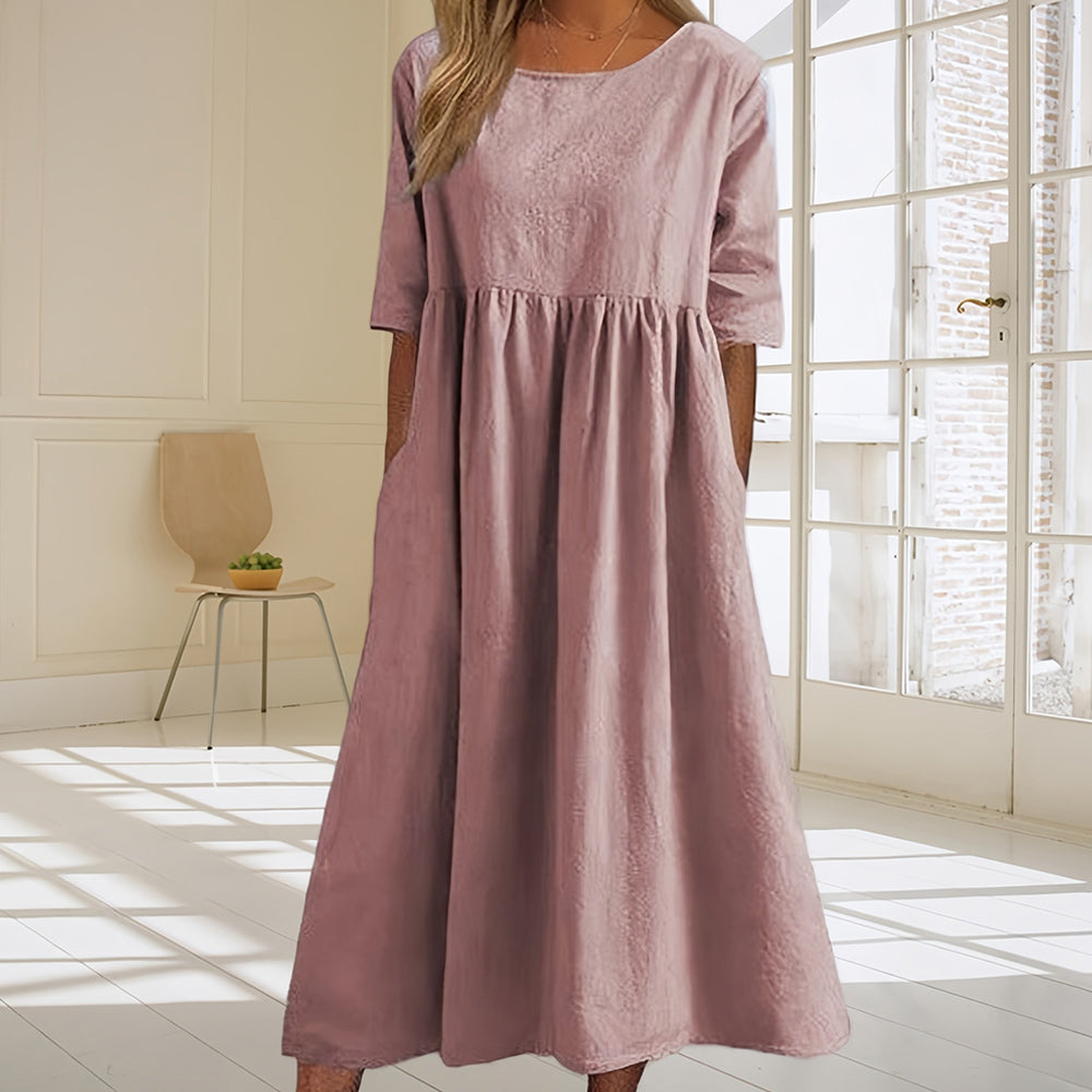 GR | Casual, loose-fitting summer dress made of cotton and linen with a round neckline