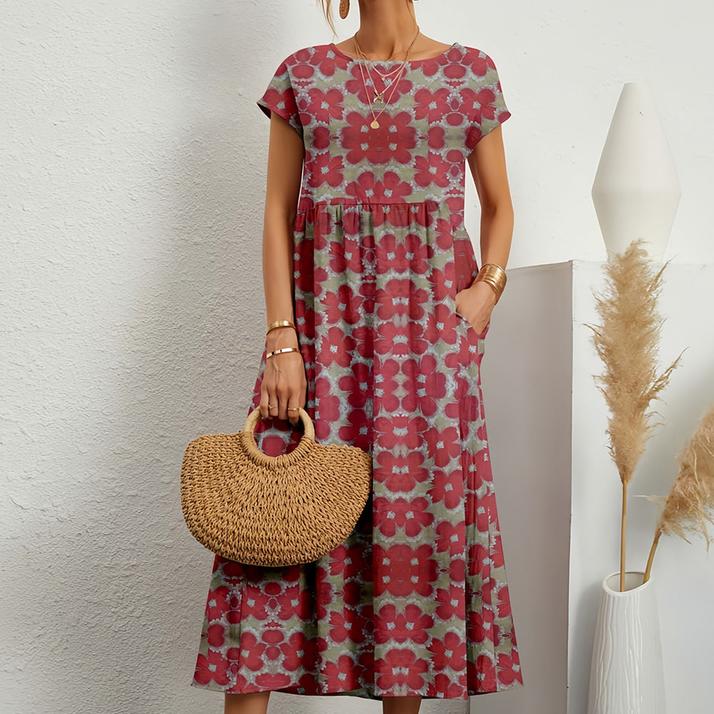 GR | Kurzärmliges, locker sitzendes Midikleid mit Rundhalsausschnitt
