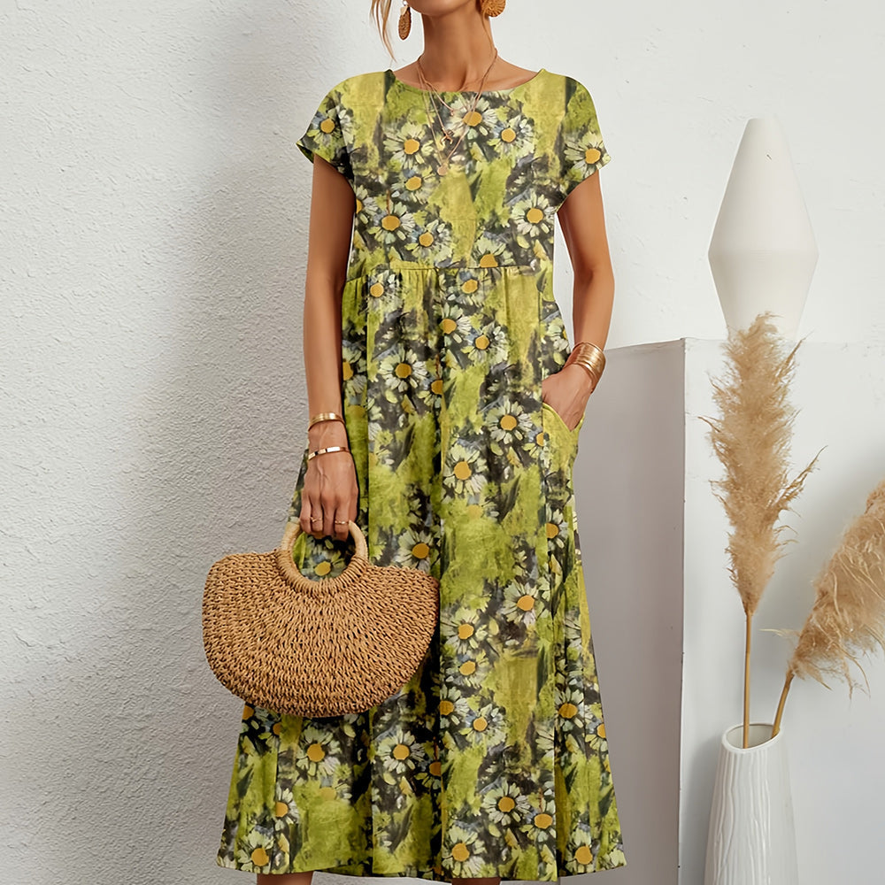 GR | Kurzärmliges, locker sitzendes Midikleid mit Rundhalsausschnitt