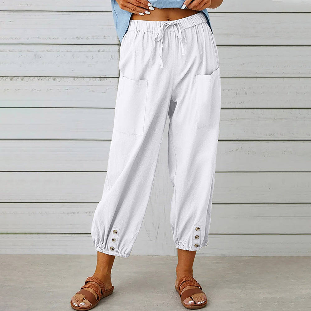 GR | kurze Damen-Overalls aus Baumwolle und Leinen mit Taschen und Knöpfen