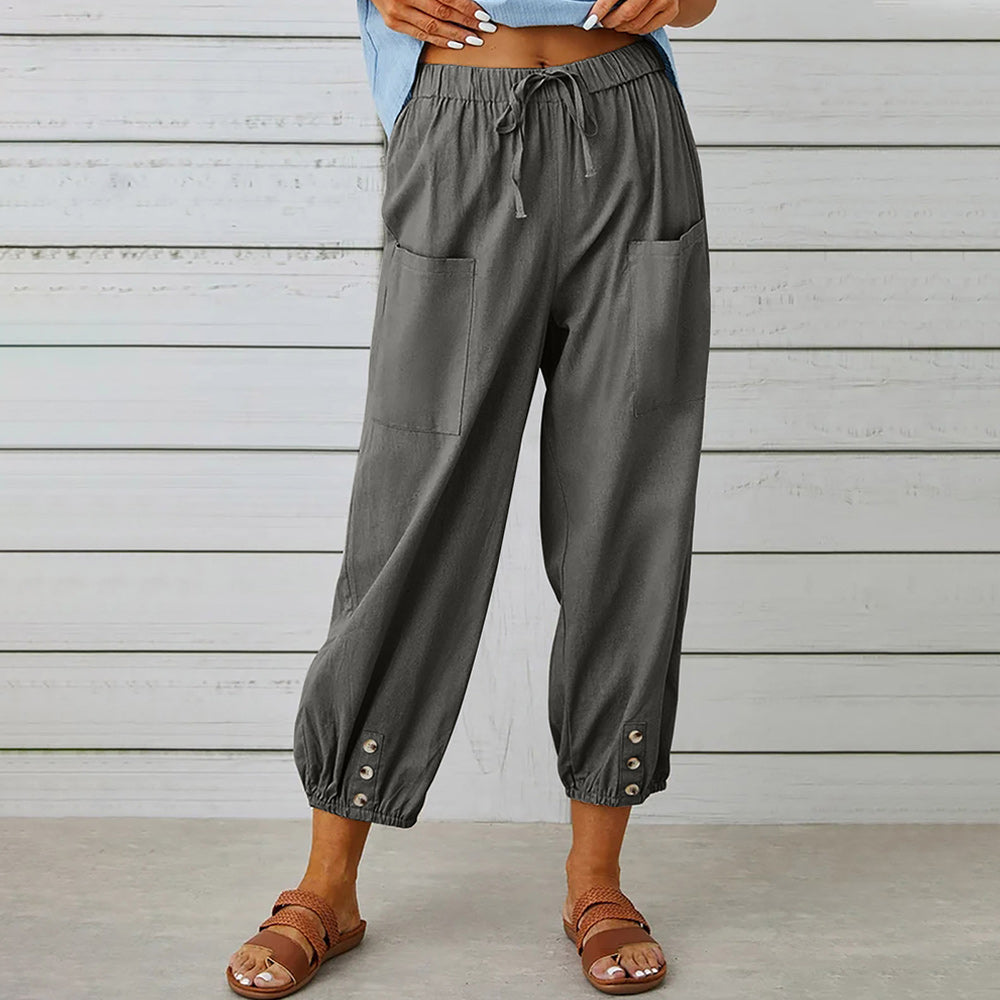 GR | kurze Damen-Overalls aus Baumwolle und Leinen mit Taschen und Knöpfen
