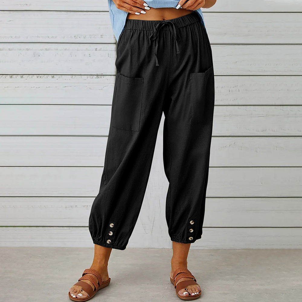 GR | kurze Damen-Overalls aus Baumwolle und Leinen mit Taschen und Knöpfen