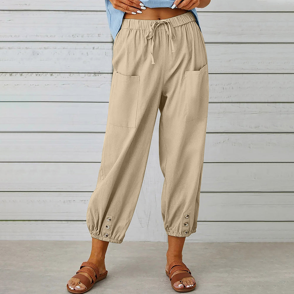 GR | kurze Damen-Overalls aus Baumwolle und Leinen mit Taschen und Knöpfen