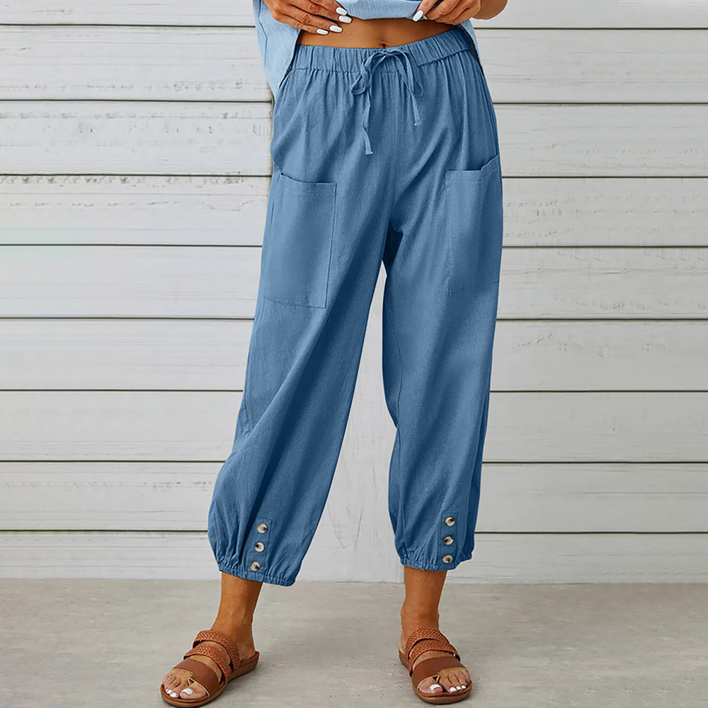 GR | kurze Damen-Overalls aus Baumwolle und Leinen mit Taschen und Knöpfen