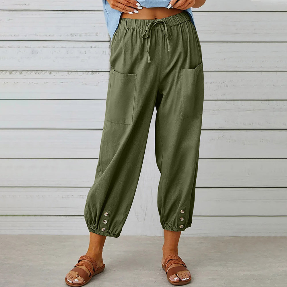 GR | kurze Damen-Overalls aus Baumwolle und Leinen mit Taschen und Knöpfen