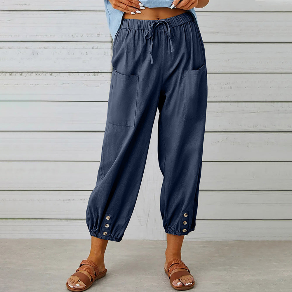 GR | kurze Damen-Overalls aus Baumwolle und Leinen mit Taschen und Knöpfen
