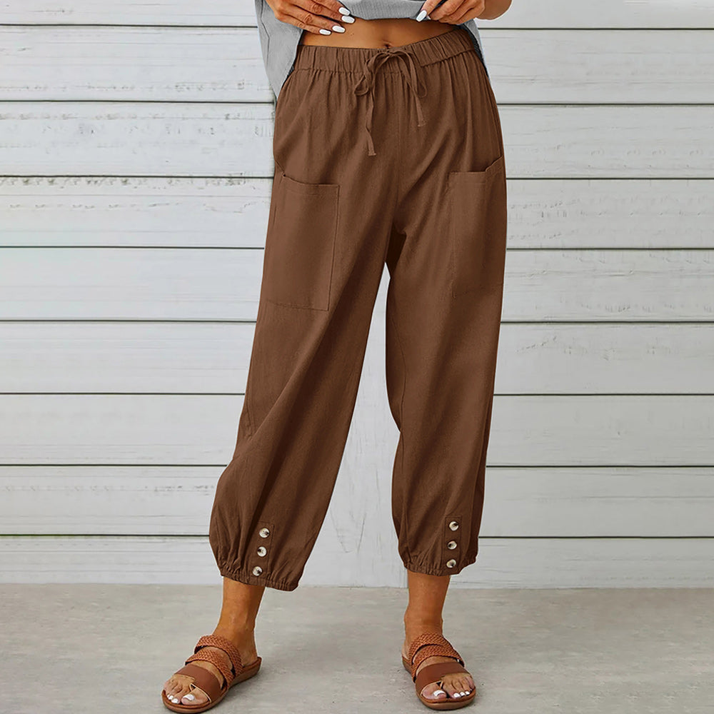 GR | kurze Damen-Overalls aus Baumwolle und Leinen mit Taschen und Knöpfen