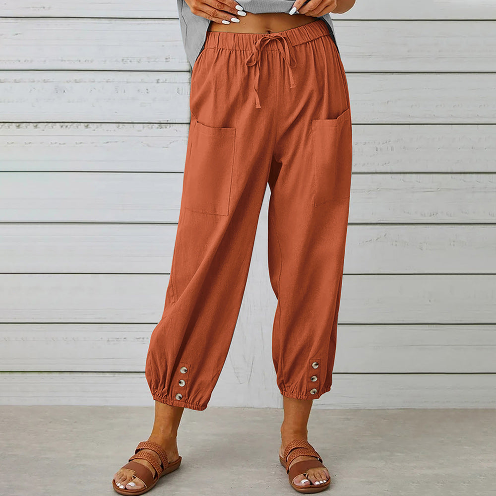 GR | kurze Damen-Overalls aus Baumwolle und Leinen mit Taschen und Knöpfen