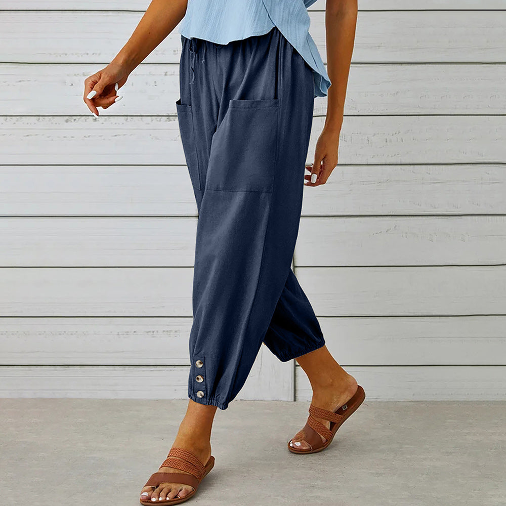 GR | kurze Damen-Overalls aus Baumwolle und Leinen mit Taschen und Knöpfen