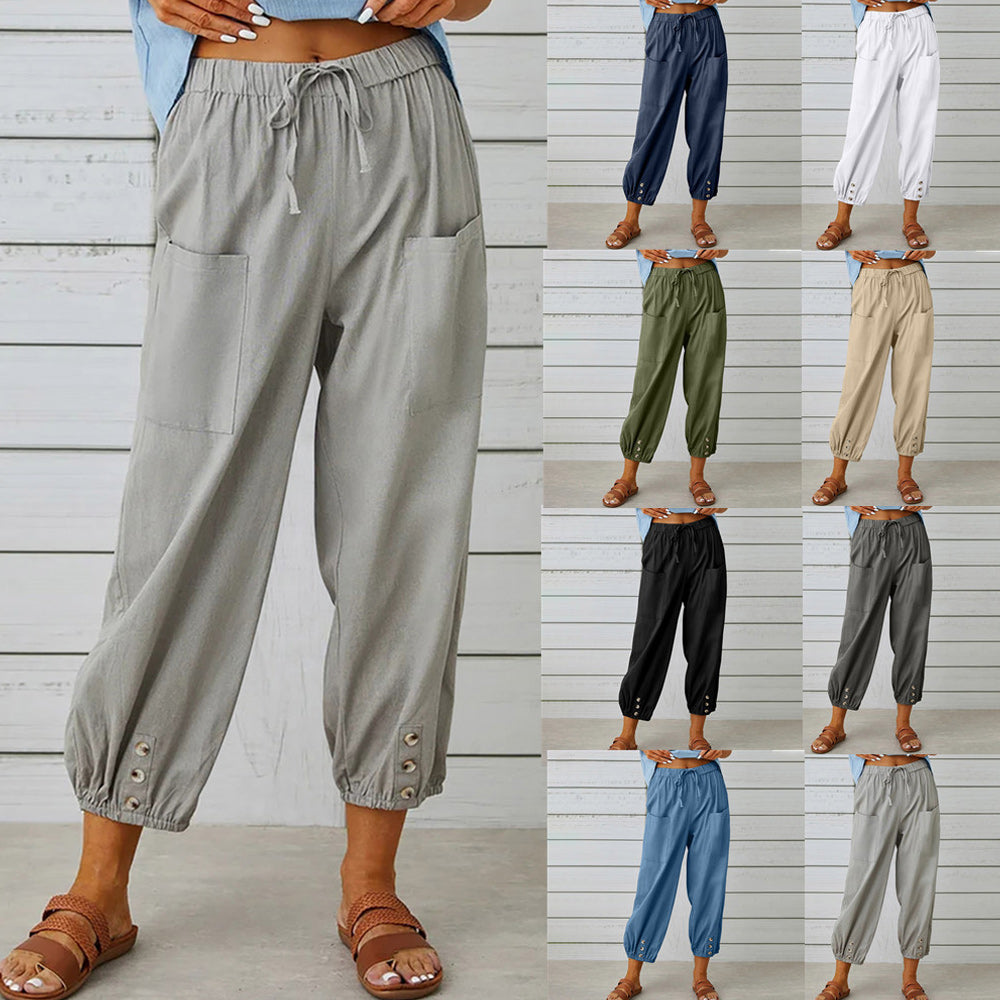 GR | kurze Damen-Overalls aus Baumwolle und Leinen mit Taschen und Knöpfen
