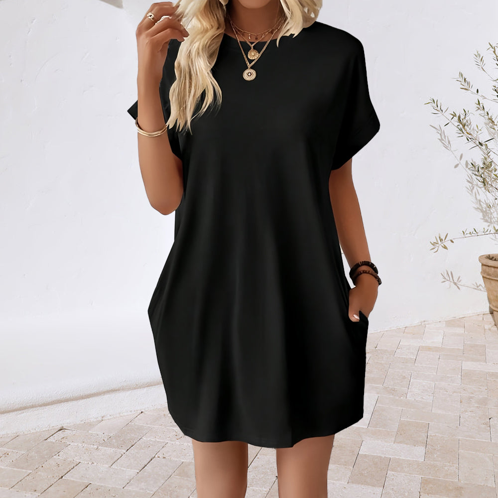 GR | New solid color round neck dress with loose pockets