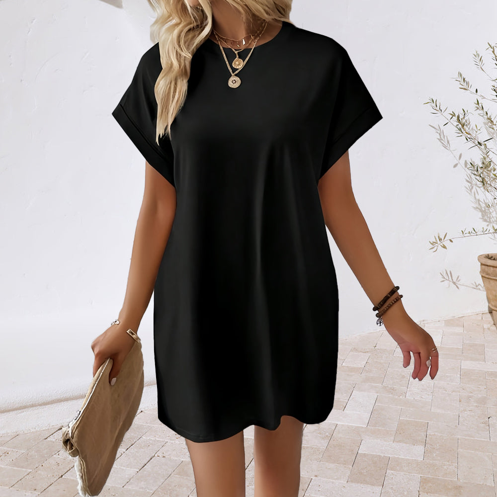 GR | New solid color round neck dress with loose pockets