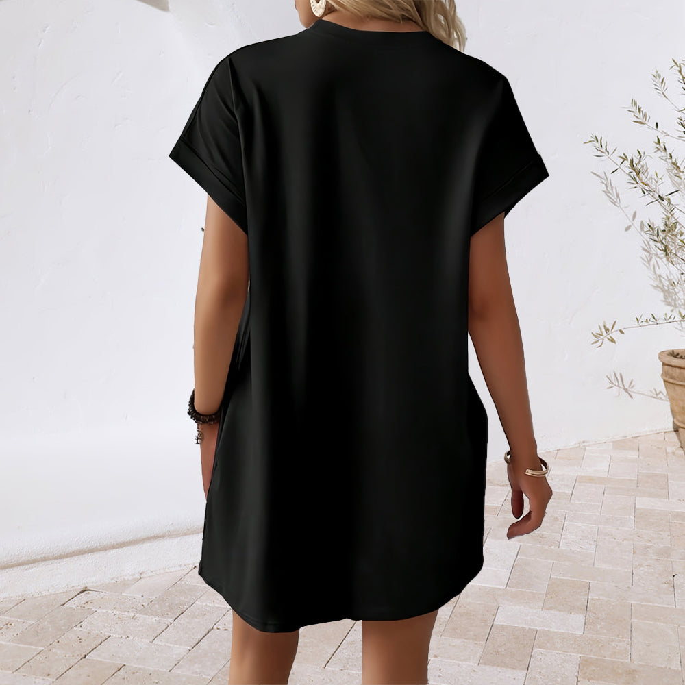 GR | New solid color round neck dress with loose pockets
