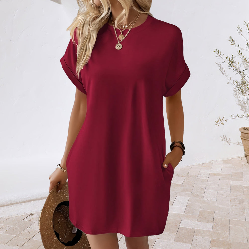 GR | New solid color round neck dress with loose pockets