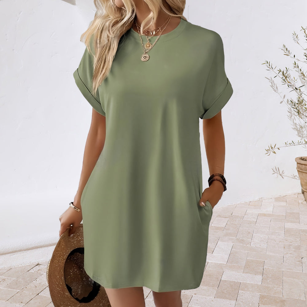 GR | New solid color round neck dress with loose pockets