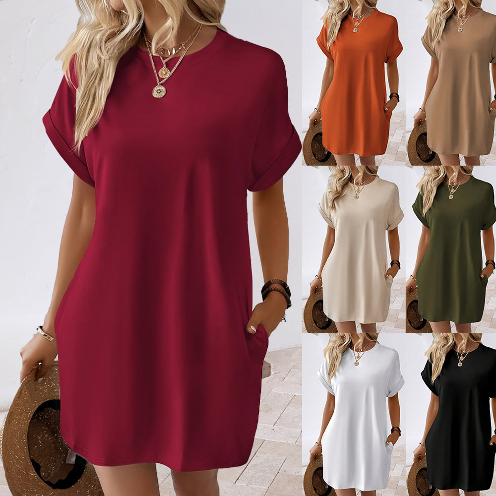 GR | New solid color round neck dress with loose pockets