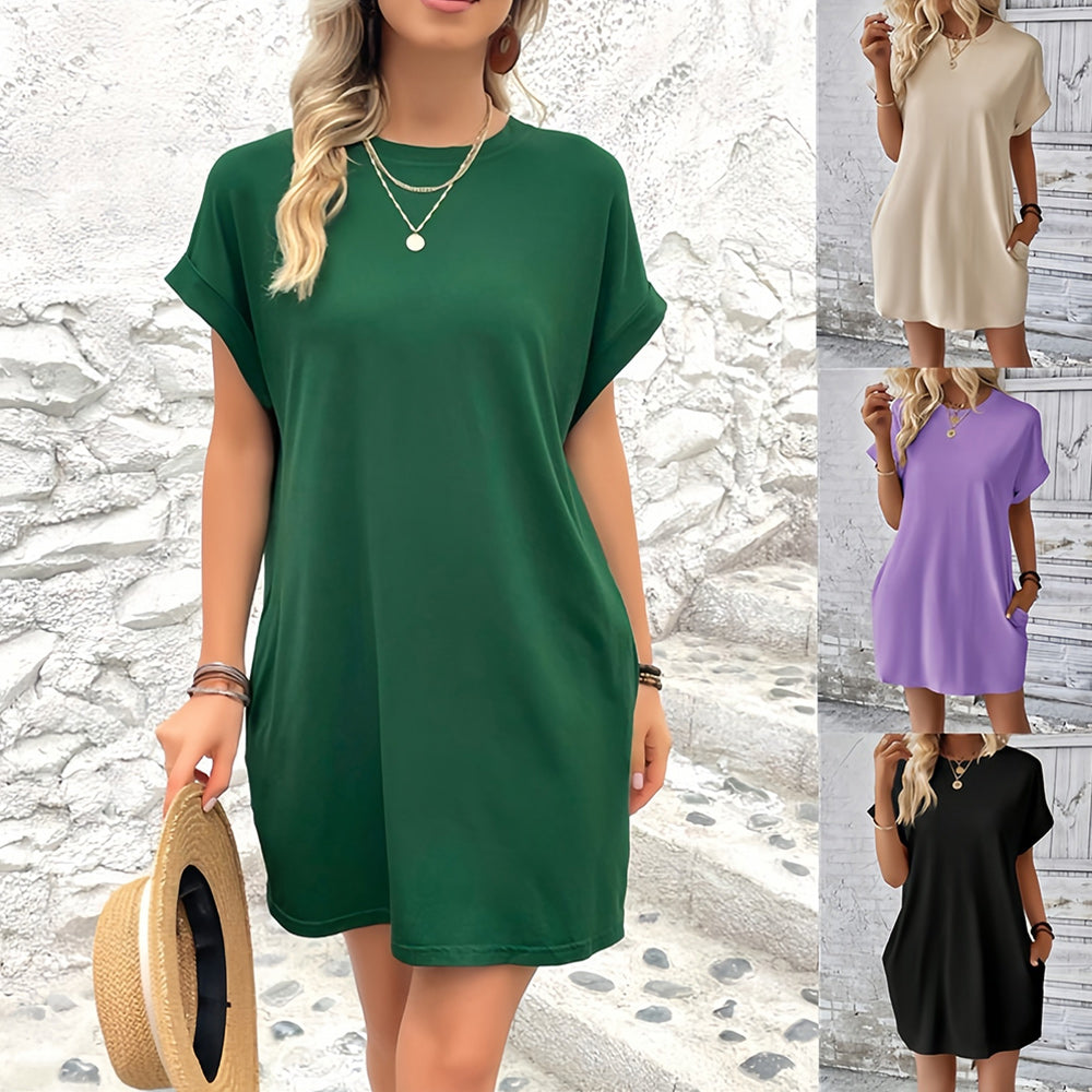 GR | New solid color round neck dress with loose pockets
